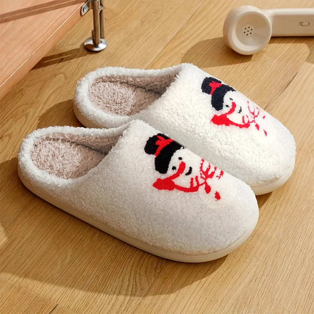 Slippers with a Cute Christmas Snowman Pattern and Plush