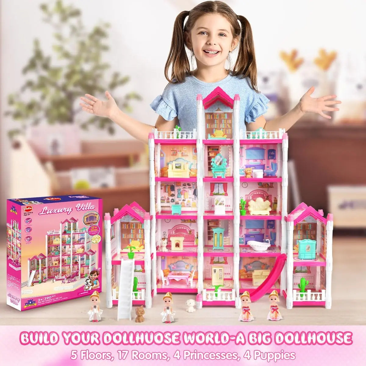 Luxury Pink Dollhouse for Girls 5 Story & 17 Rooms