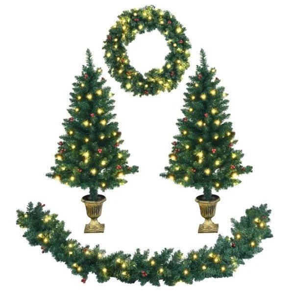 Christmas Decoration Set With Garland,Wreath And Entrance Trees 4 Pieces