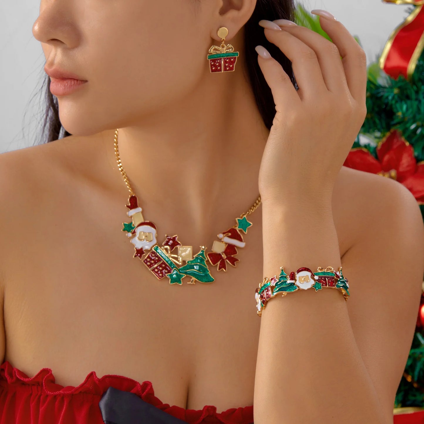 Christmas-Themed Earring, Bracelet & Chain