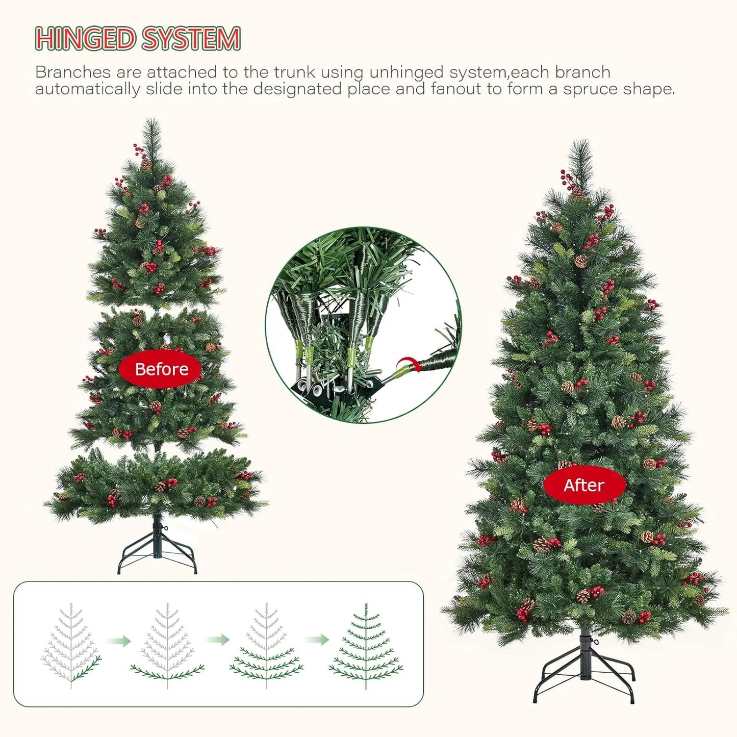 Artificial Prelit Christmas Tree With Pine Cones Berries & Warm White Lights