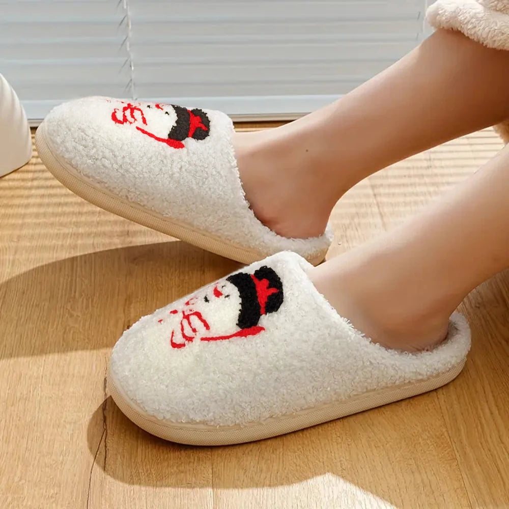 Slippers with a Cute Christmas Snowman Pattern and Plush