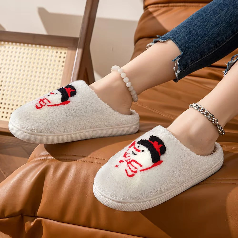 Slippers with a Cute Christmas Snowman Pattern and Plush