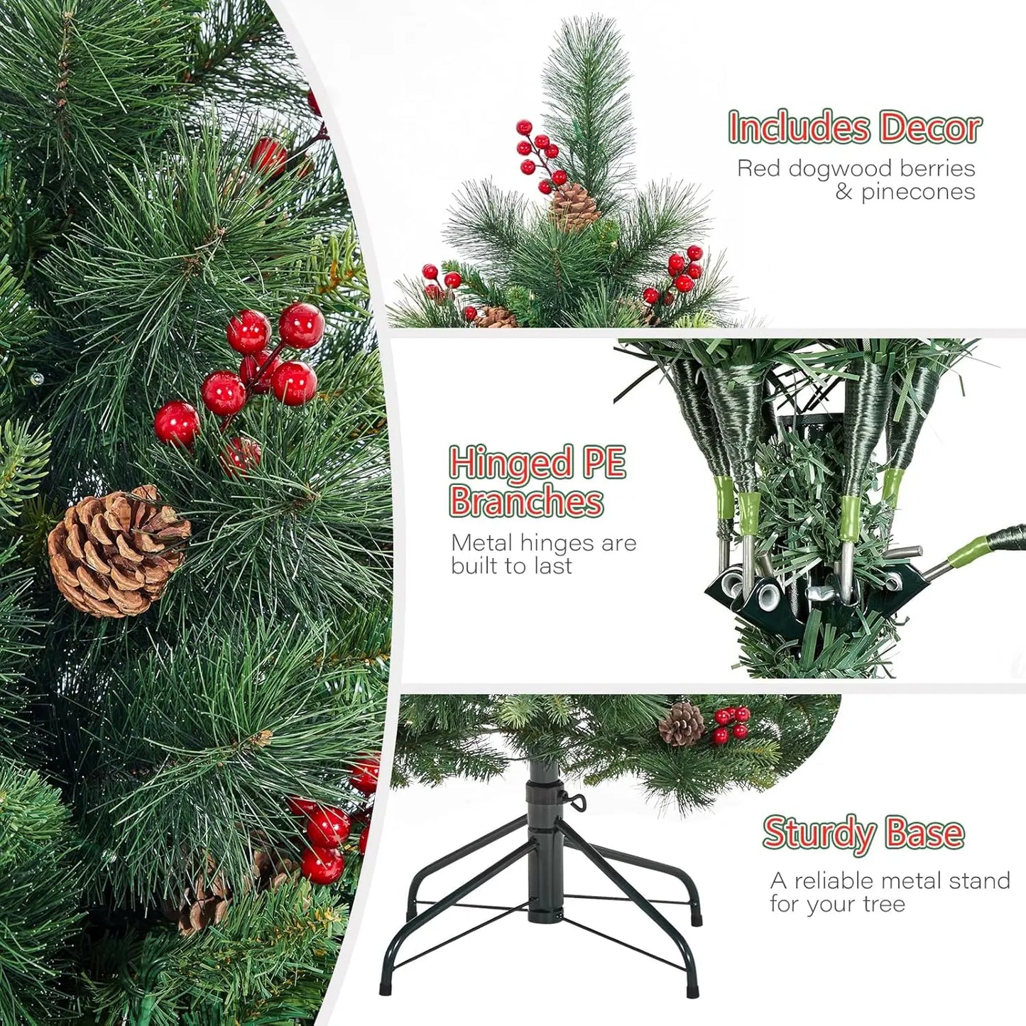 Artificial Prelit Christmas Tree With Pine Cones Berries & Warm White Lights