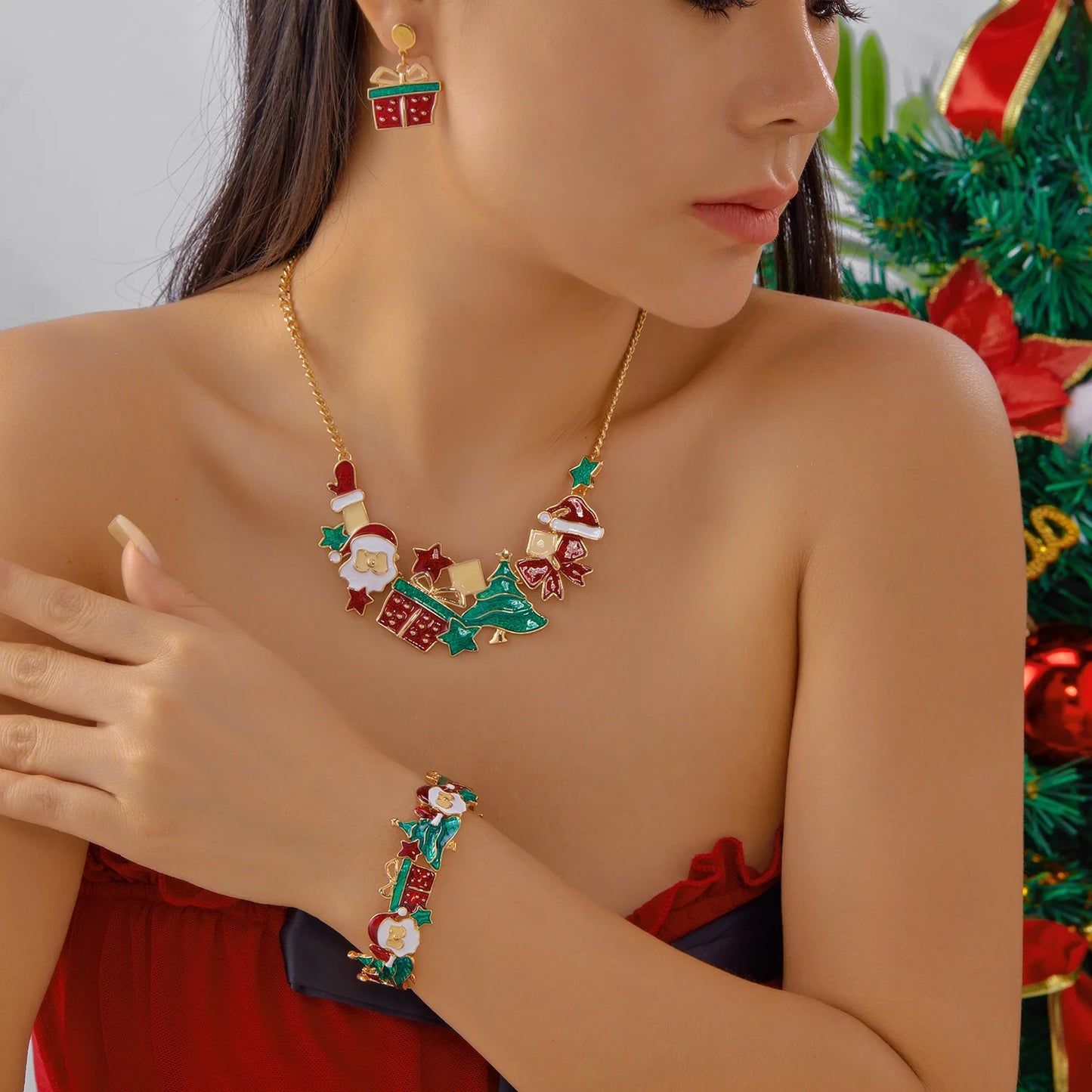 Christmas-Themed Earring, Bracelet & Chain