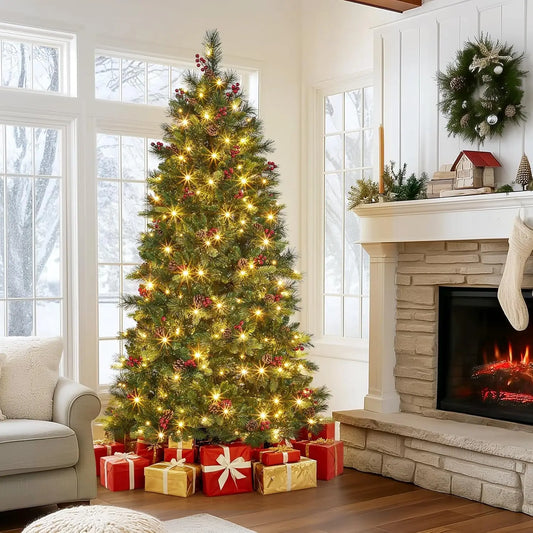 Artificial Prelit Christmas Tree With Pine Cones Berries & Warm White Lights