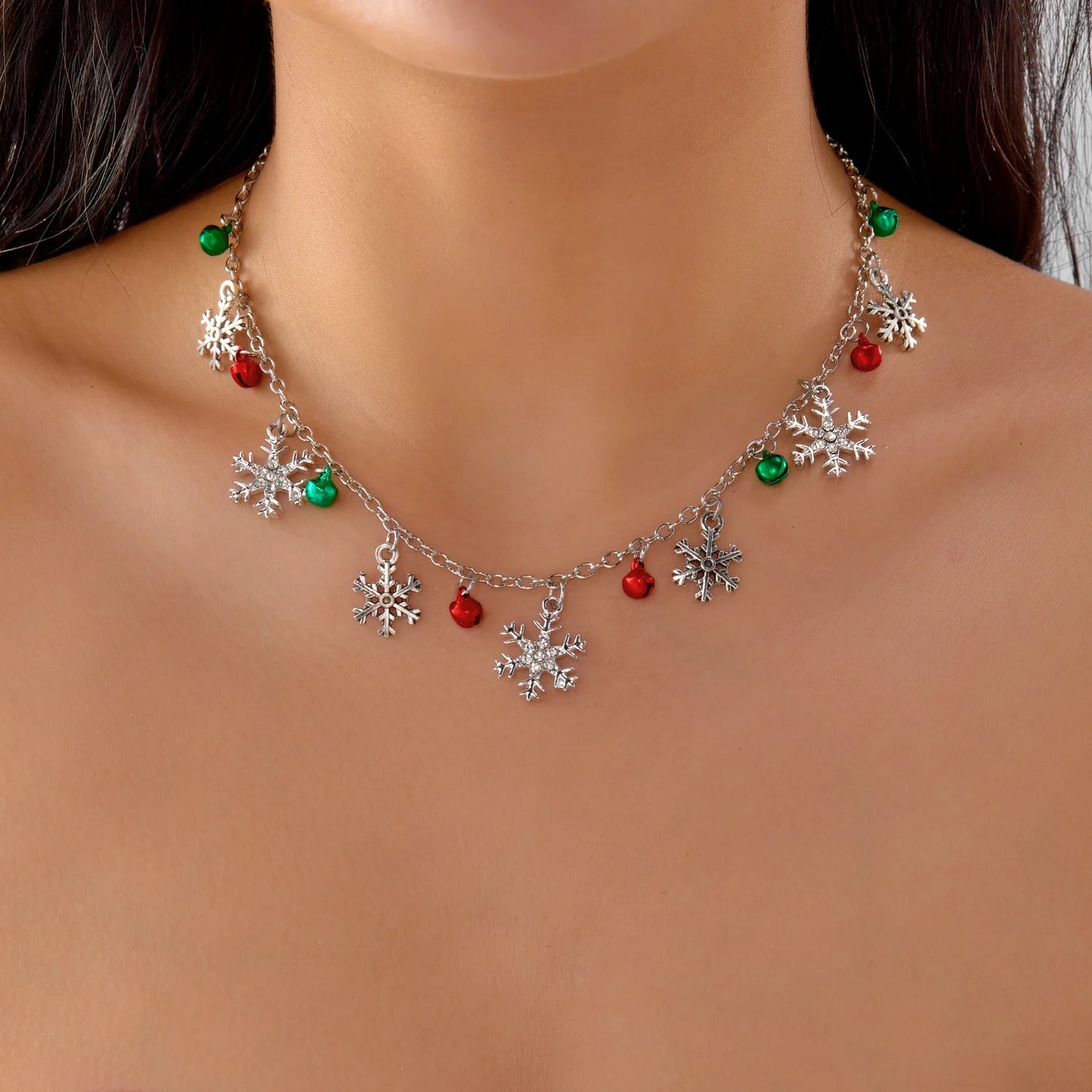 Christmas Glitter Snowflake Bell Pendant Bracelet & Necklace