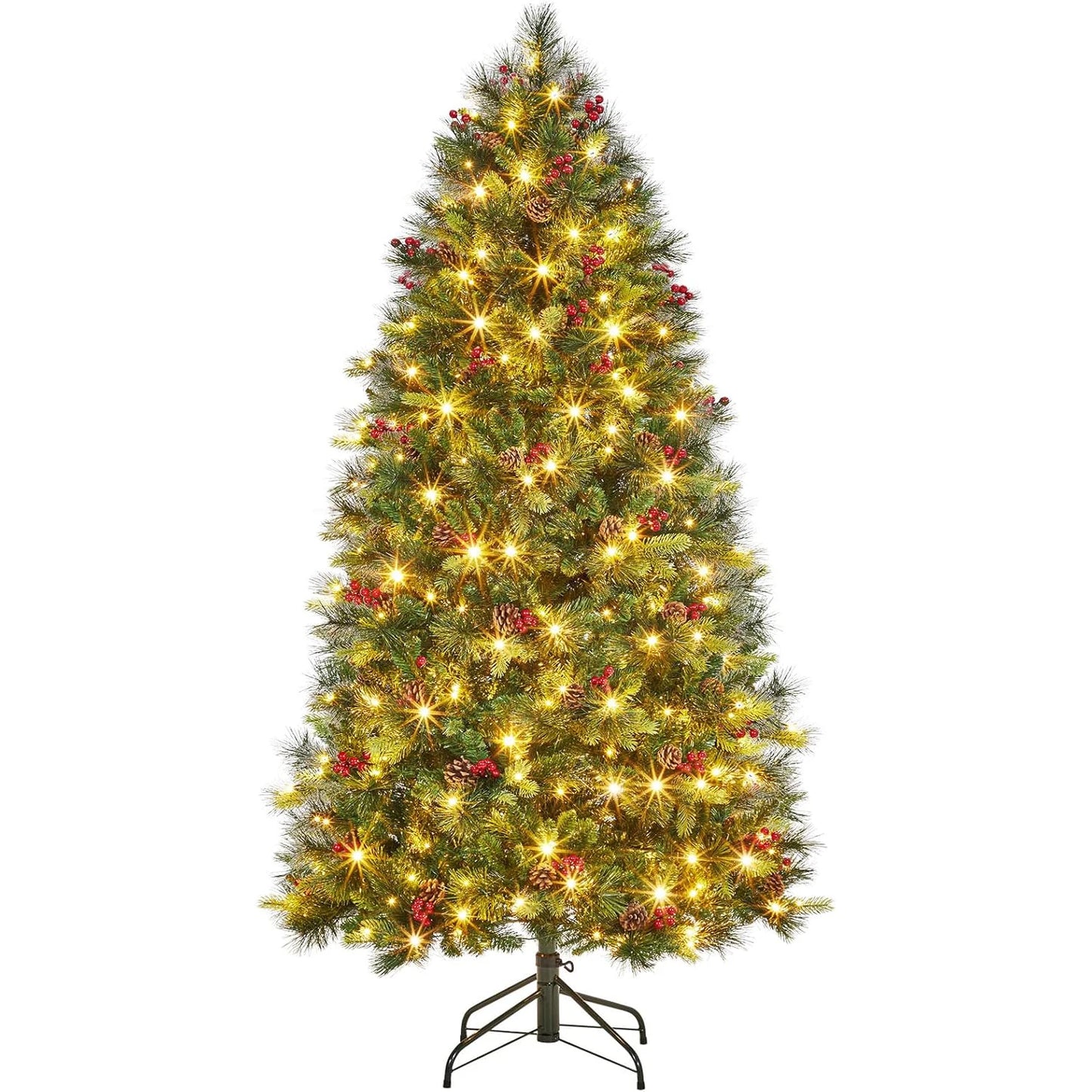 Artificial Prelit Christmas Tree With Pine Cones Berries & Warm White Lights