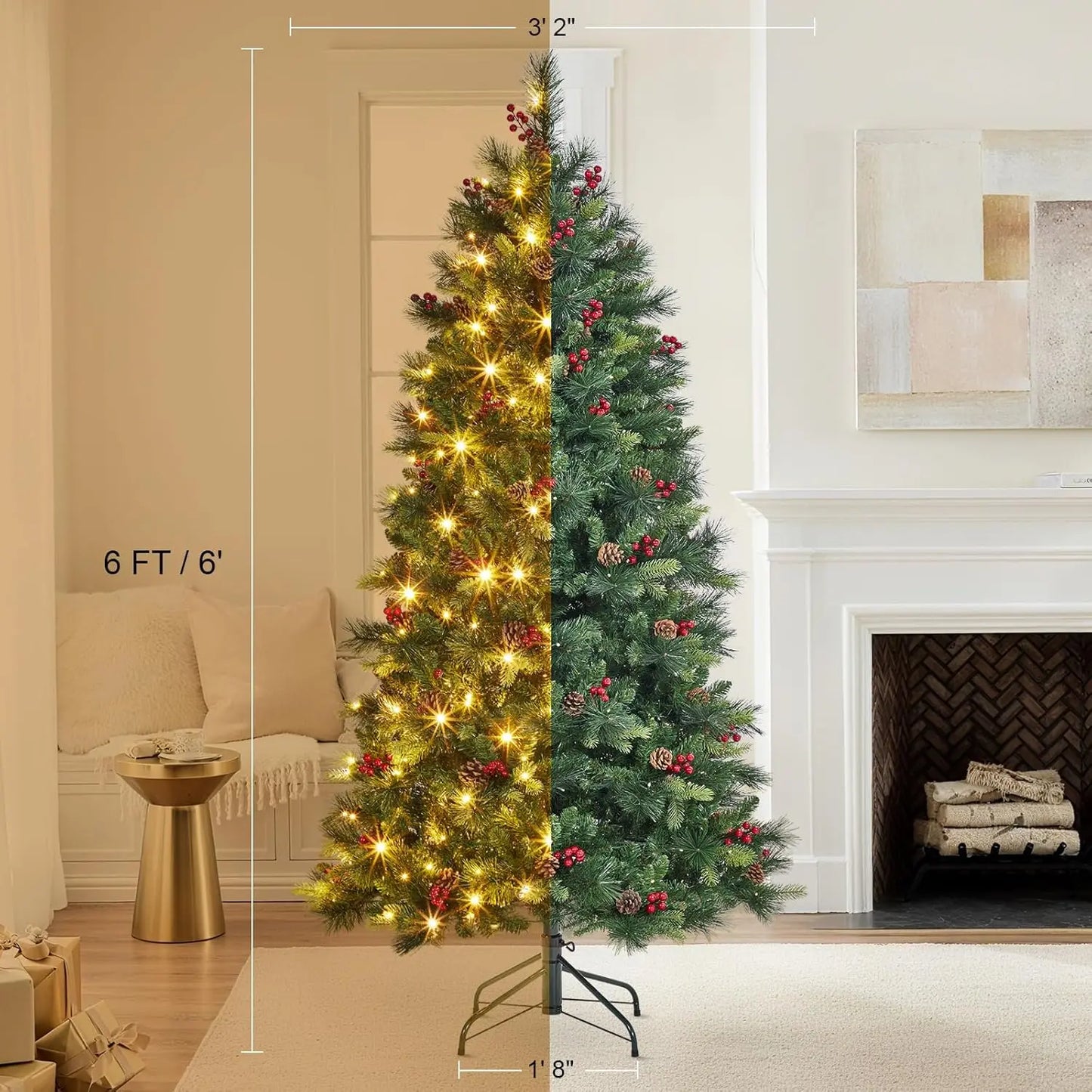 Artificial Prelit Christmas Tree With Pine Cones Berries & Warm White Lights
