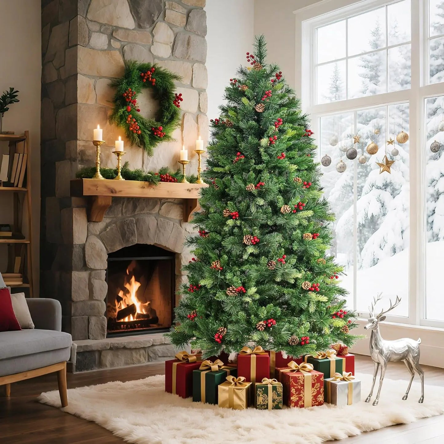 Artificial Prelit Christmas Tree With Pine Cones Berries & Warm White Lights