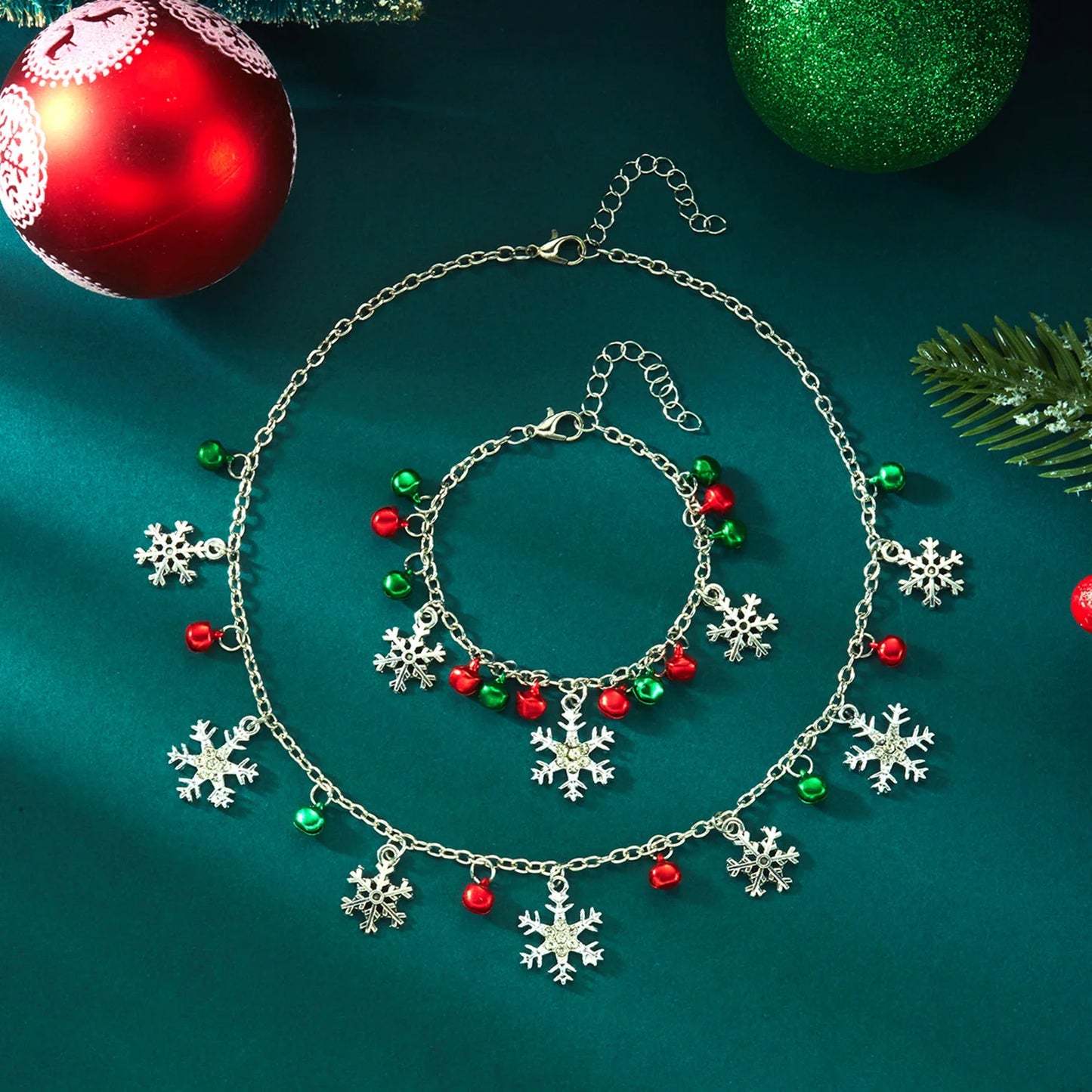 Christmas Glitter Snowflake Bell Pendant Bracelet & Necklace