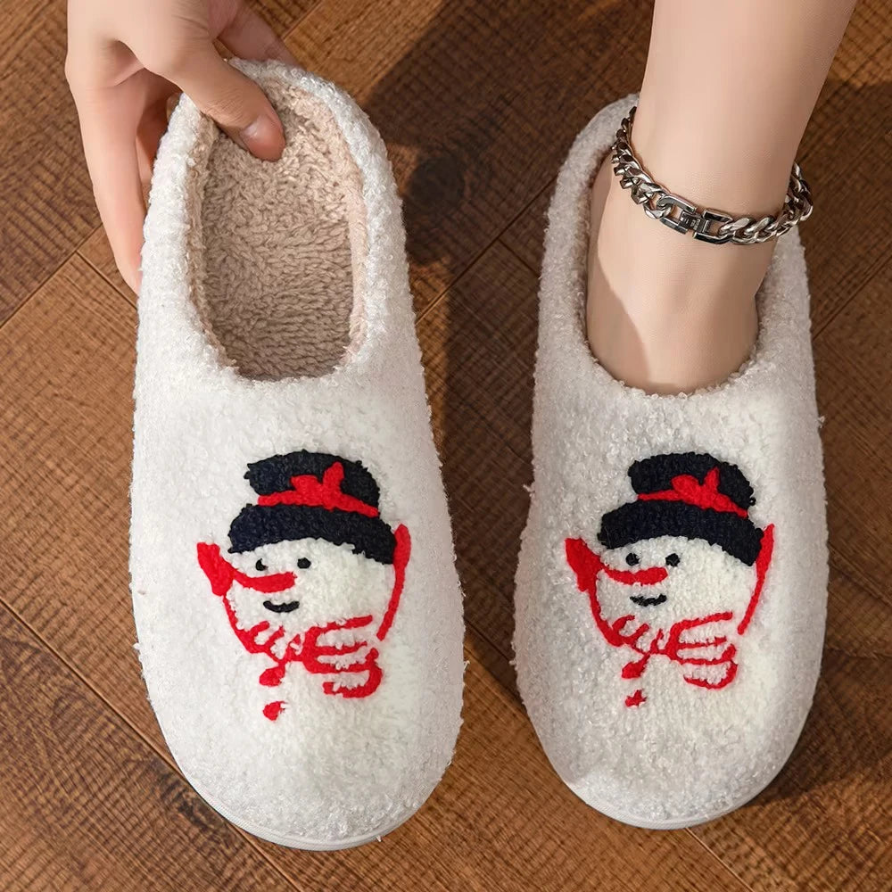 Slippers with a Cute Christmas Snowman Pattern and Plush