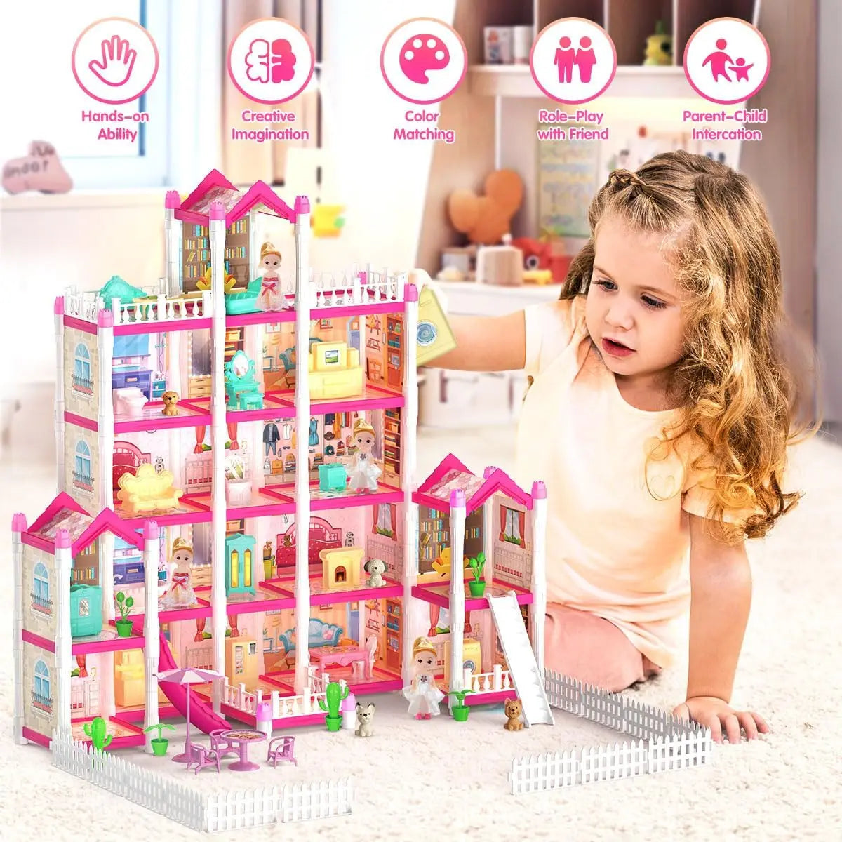 Luxury Pink Dollhouse for Girls 5 Story & 17 Rooms