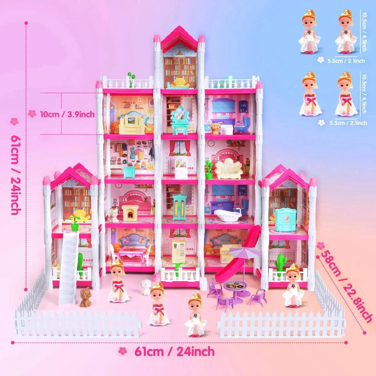Luxury Pink Dollhouse for Girls 5 Story & 17 Rooms