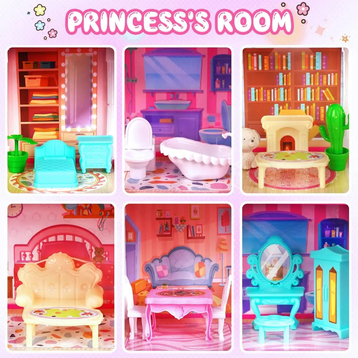 Luxury Pink Dollhouse for Girls 5 Story & 17 Rooms