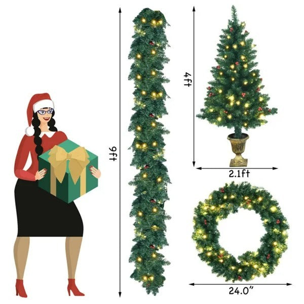 Christmas Decoration Set With Garland,Wreath And Entrance Trees 4 Pieces